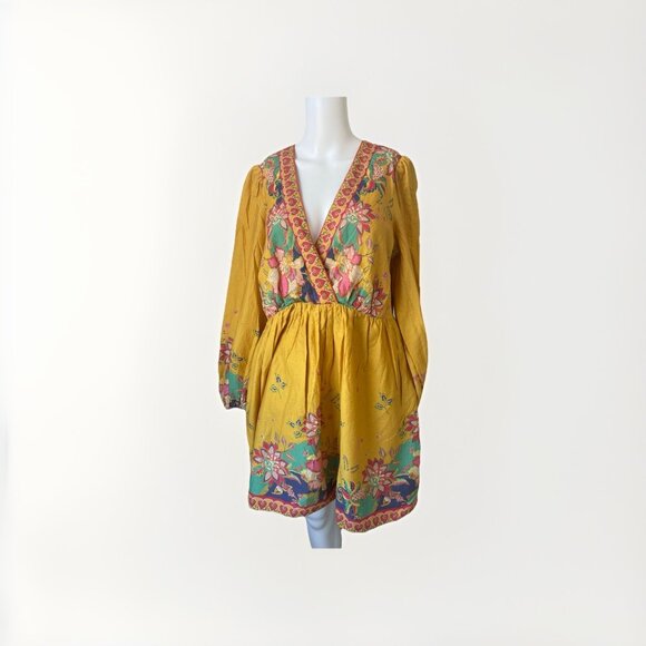 Antonio Melani Emma Boho Floral Long Sleeve Mini Dress Yellow Size 12 V-Neck - Picture 3 of 8